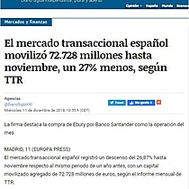 El mercado transaccional espaol moviliz 72.728 millones hasta noviembre, un 27% menos, segn TTR
